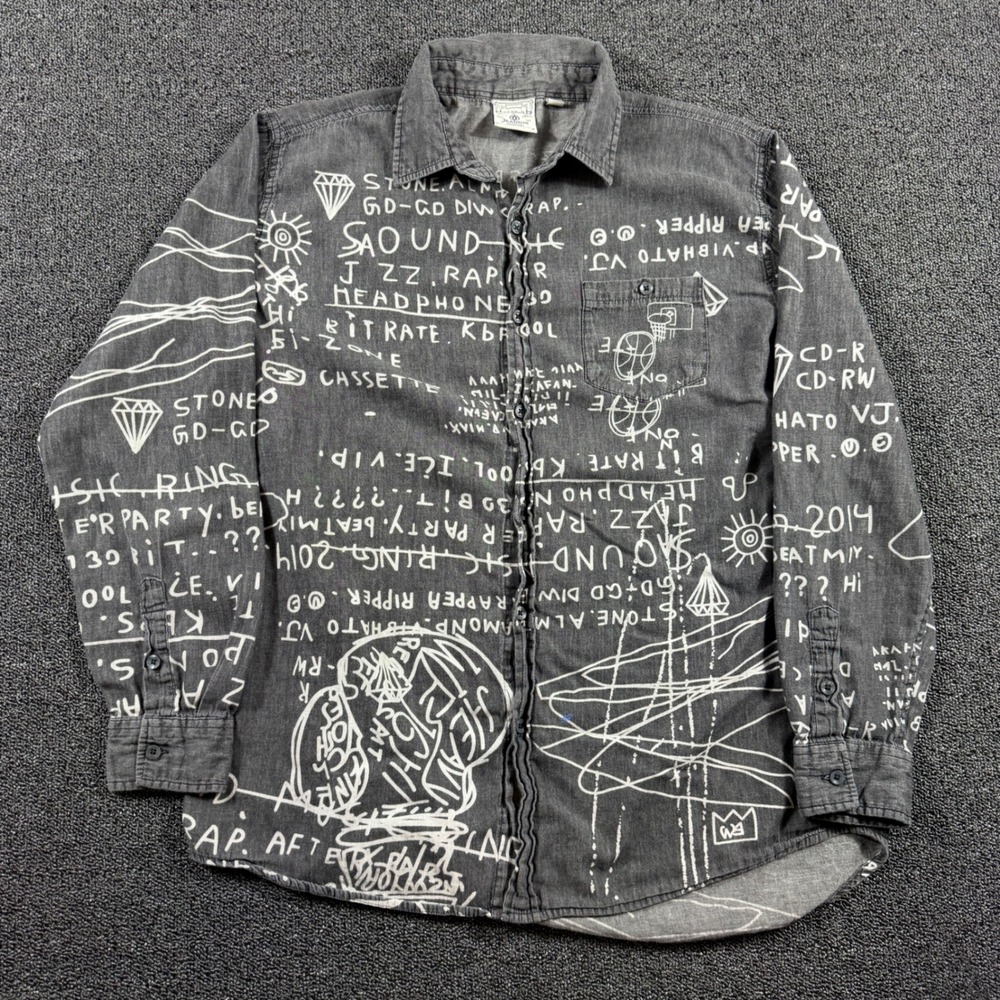 Akademiks Jeanius Graffiti Print Denim Button up Men's L AOP Street Wear